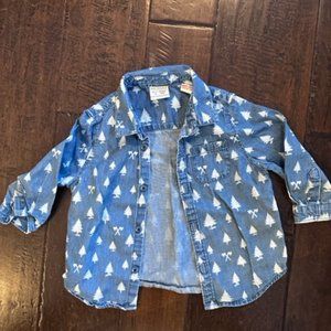 Zara Baby - 9-12 Month - Chambray Button Down Denim North Woods Print